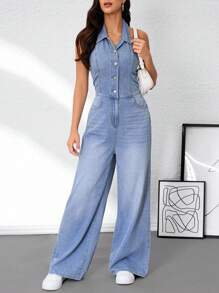 SHEIN Tall Macacão jeans básico feminino, moderno, sem costas, com botões, para volta às aulas, casual e modesto, para negócios, feminino - Azul - Ver 6