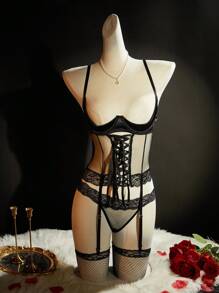 SpicyHot 3 PCS Underwire Top With Cross Strap, Hollow Out, Princess-Cut, Lace Panel, Sexy Charming Ladies Bra - Black - View 6