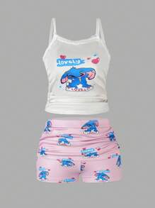 Conjunto de lencería de 2 piezas con camisa de tirantes de encaje de punto y shorts con volantes estampados con conejitos azules lindos para niñas mayores, para primavera/verano