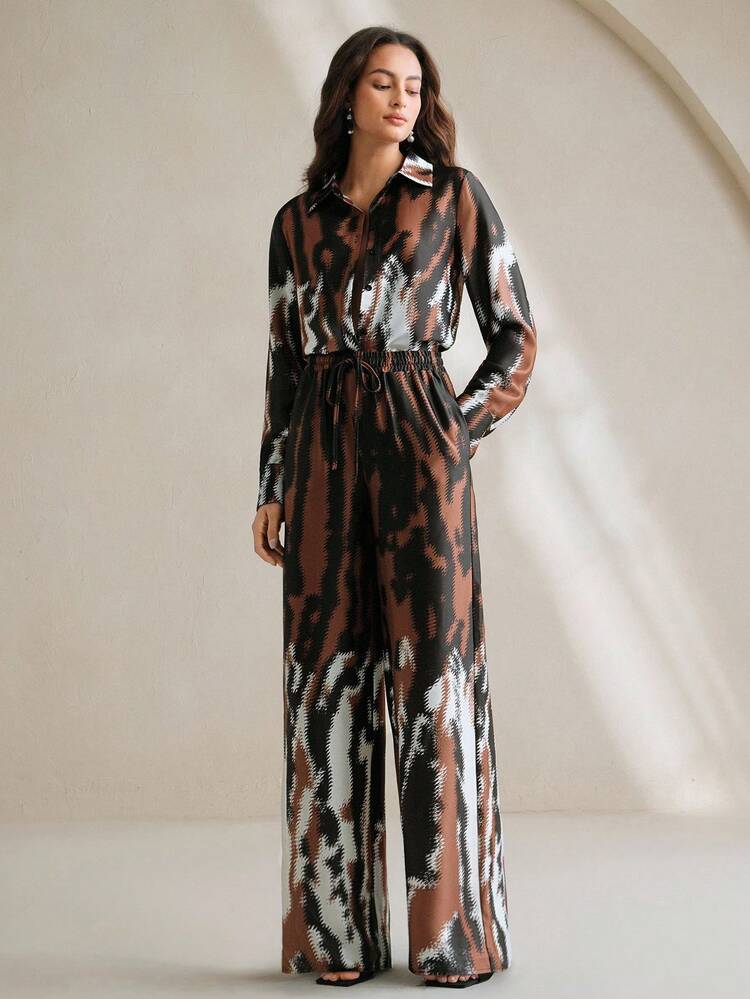 2pcs Geometric Color Block Striped Textured Pleated Shirt And Pants Set, Autumn/Winter