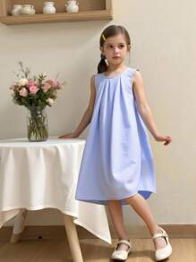 Vestido minimalista de unicolor para niñas, adecuado para uso diario y actividades al aire libre, de verano - Azul - Ver 3