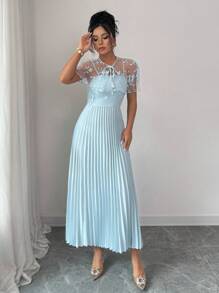 Elenzga Vestido elegante y casual para mujer con cuello de chal de malla bordada, plisado y tirantes para uso en casa u exterior