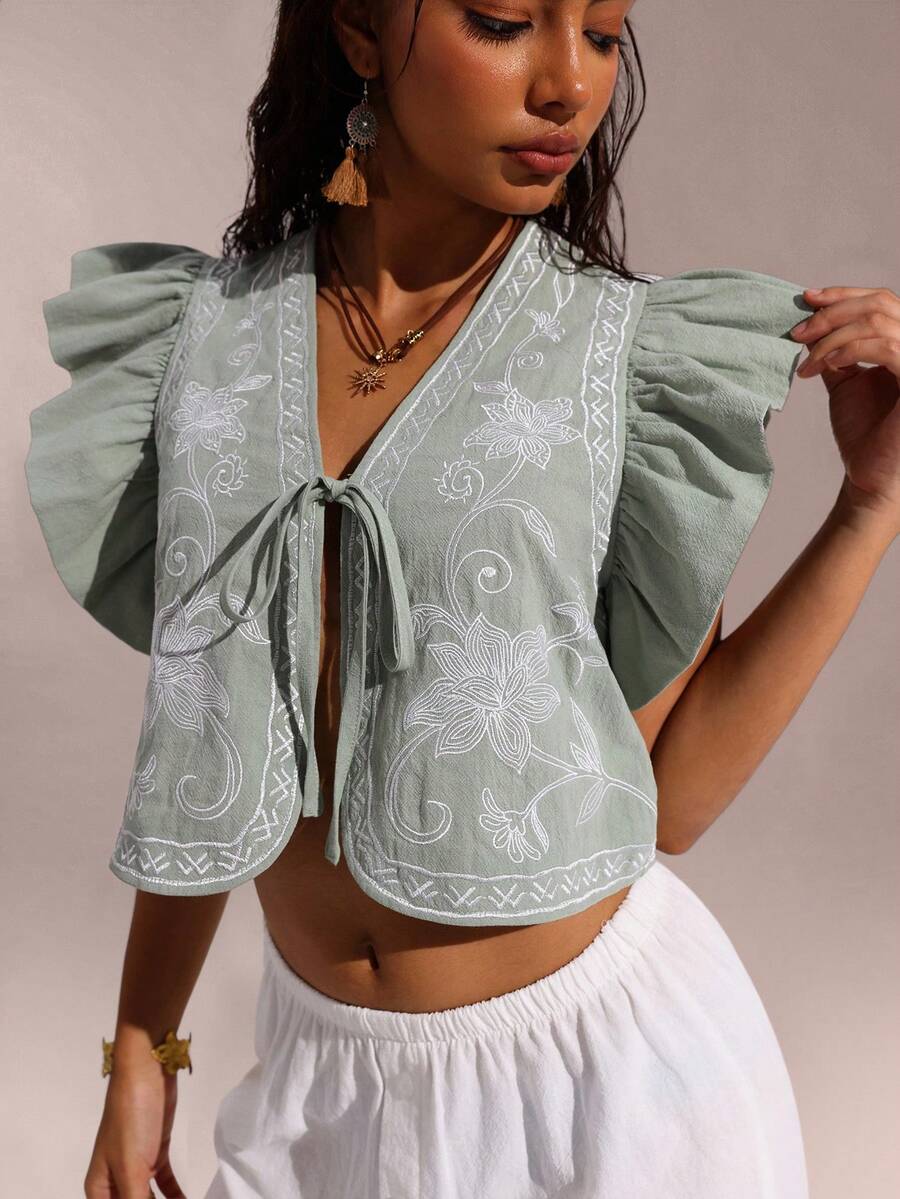 SHEIN Forever 21 Spring New Arrival Cap Sleeve Embroidered Vacation Beachwear Tank Top For Women - Green - View 1