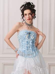 ROMWE Kawaii 女士复洛克风格浪漫珍珠蝴蝶结系带紧身胸衣上衣