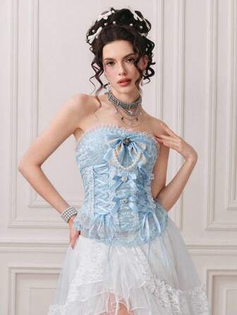 Kawaii Women's Vintage Baroque Style Romantic Pearl Bow Ribbon Tie Bustier Top