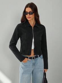 SHEIN Tall Washed Distressed Denim Jacket Cool Street Style Casual In Fall/Winter - Black - View 4