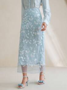 Anewsta 女式新款亮片网眼铅笔裙，串珠装饰紧身裙 - 藍色 - 查看 4