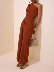 Zivah 2025夏季新款音乐节复活节母亲节婚礼生日派对日常出游基础百搭休闲网红爆款优雅通勤商务休闲一字肩百褶腰不对称下摆女上衣加直筒裤卡其色女两件套单肩连体裤棕色连体裤女铁锈棕色连体裤 - 紅木色 - 查看 7