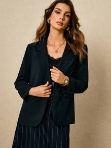 Poéselle Women's Simple Commuter Striped Lapel Single-Button Thin Blazer, Pinstripe Blazer Women, Women Pinstripe Blazer, Women Suit Jacket Autumn Winter Clothes For Women - Navy Blue - View 3