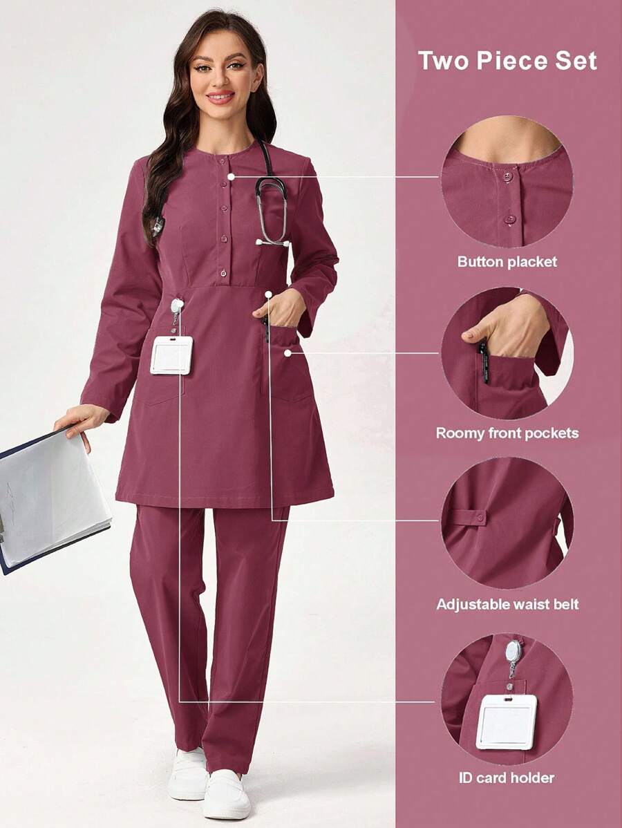TaskEZ Plain Color Half-Button Front Long Sleeve Pocket Patchwork /Nurse Scrub Uniform Set - Hot Pink - View 1