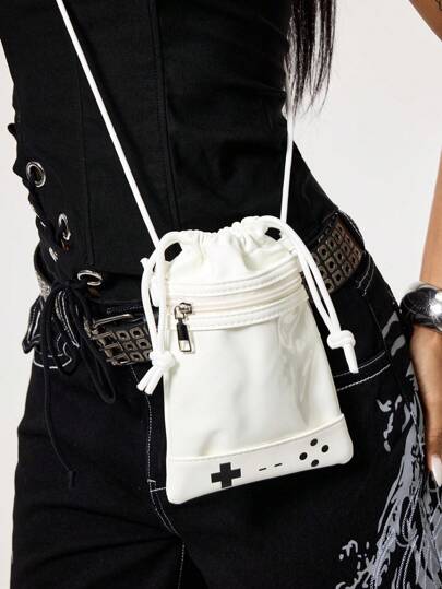 ROMWE Cute Sweet Cross Game Console Solid Color PU Combination Bag, Anime Big Appetite Backpack And Small Appetite Crossbody Bag, Suitable For Decorating Badges & Dolls For Outings