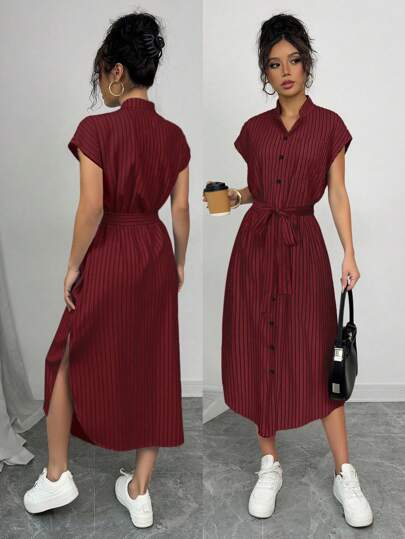 Selianne Romantic Elegant Graduation Concert Outfit Business Casua Old Money Style Anouk Yve Aura Quiet Style Commuter Blue Striped Shirt Dress Short Sleeves Pocket Bow Slits 2025 Spring And Summer Vacation And Leisure Home New Long Dress