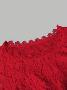 SHEIN Clasi 大码女式圆领无袖蕾丝拼接优雅吊带背心衬衫 - 紅色 - 查看 3