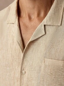 Manfinity Homme Men's Tan Faux Linen Summer Casual Vacation Holiday Shirt,Textured Short-Sleeved Cuban Antique Collar Button Cardigan,Champagne Dual-Color Shirts - Khaki - View 3