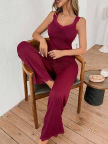 SHEIN 勃艮第女士纯色蕾丝边褶饰针织吊带背心睡衣套装，夏季