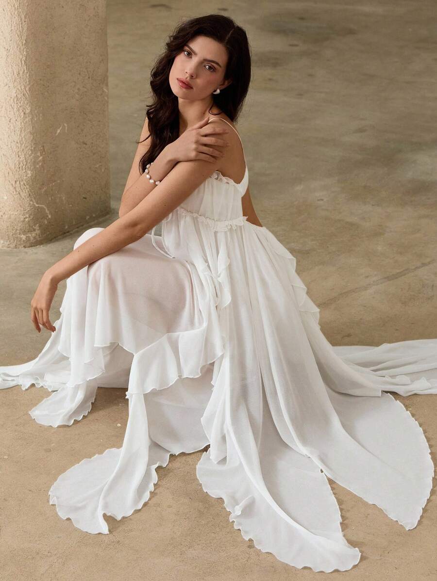 Chiquease Solid Color Chiffon Flowy Spaghetti Strap Waist Ruffled Layered Maxi Long Sleeveless Dress For Women - White - View 1