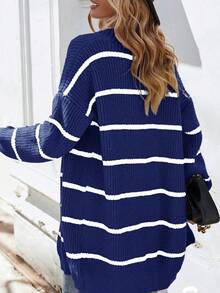 RueChic Mẫu sọc Thả vai Mở Mặt trước Áo len Mở - Màu xanh lam - Xem 2