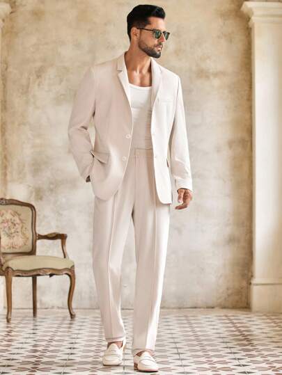 HIMLAND 2 piezas Conjunto de traje de negocios casual vintage de color pastel para hombre, traje crema para hombre, traje beige para hombre, traje de boda para hombre, traje crema