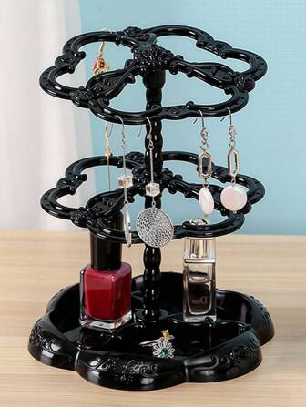 Goth 1pc Rotating Plastic Jewelry Display Stand Black Earring Holder Organizer For Necklaces, Hair Ties & Accessories Storage With Hooks,Home Decor