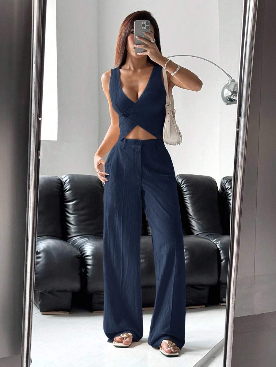 SHEIN EZwear 藏青色蓝色单排扣背心裤女套装秋冬 - 藏蓝色 - 查看 1