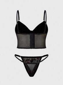 ROMWE Conjunto de lencería de encaje con bordado, sin aro, de talla grande - Negro - Ver 2