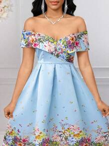 SHEIN Lady Đầm dự tiệc cưới trễ vai in hoa cổ chữ V thanh lịch cho nữ - Màu xanh lam - Xem 3