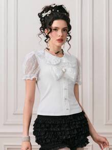 ROMWE Kawaii 女式可爱彼得潘领和荷叶边袖蝴蝶结装饰T恤，夏季 - 白色 - 查看 4