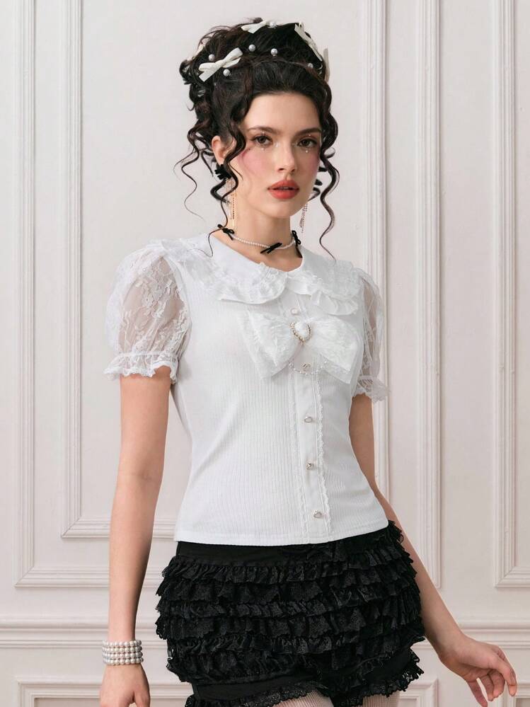 ROMWE Kawaii 女式可爱彼得潘领和荷叶边袖蝴蝶结装饰T恤，夏季 - 白色 - 查看 4