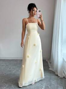 Rafferiza Elegantes Kleid mit Blumenstickerei, Mesh-Rückenausschnitt, Bindung in Taille, Meerjungfrauen-Saum, Lässig/Date-Trage, hellgelb, Frühling/Sommer Neuheit - Hellgelb - Übersicht 7