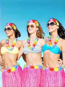 1 套可调节尺寸轻质透气耐用自然色热带印花夏威夷草裙，夏威夷派对，海滩庆祝夏季节日草裙舞主题服装多种颜色可选 - 彩色 - 查看 10