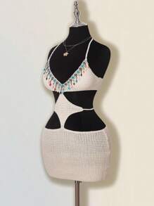 SHEIN ICON Vestido mini de punto con decoración de colgante sexy y espalda descubierta para vacaciones de mujer