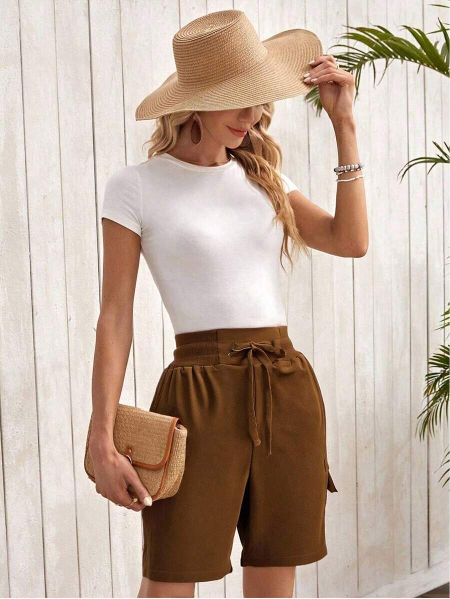 SHEIN LUNE Women's Utility Casual Shorts, Thin A-Line Loose Wide Leg Shorts