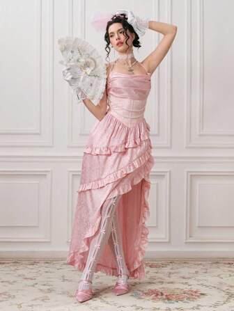 Kawaii Robe moulante sirène en tissu jacquard texturé romantique de palais vintage avec chaîne de perles et volants fendus pour les femmes