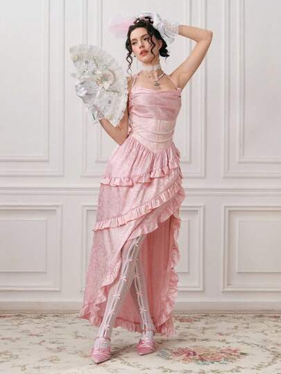 Kawaii Vestido entallado tipo sirena con abertura, con textura de tela jacquard, cadena de perlas y volantes, estilo vintage y romántico para mujer