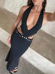 Aloruh 女士夏季度假吊带黑色连衣裙 - 黑色 - 查看 2