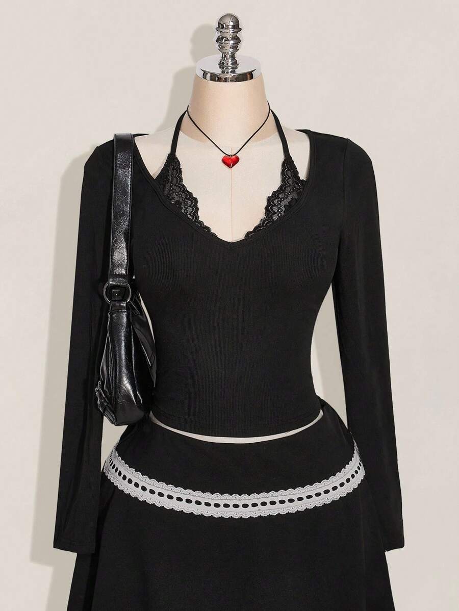 SHEIN ICON 大码蕾丝拼布V领长袖T恤，秋季，返校，日常休闲装 - 黑色 - 查看 1
