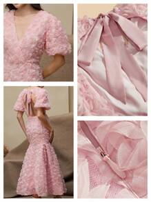 Anewsta 3D玫瑰贴花V领优雅短袖夏装 - 粉色 - 查看 8