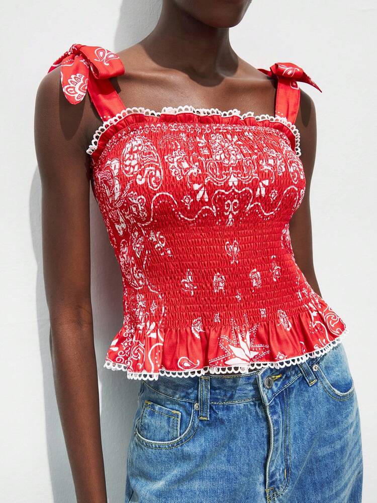 SHEIN Maija 2025 Autumn New Paisley Pattern Placement Print Tie Shoulder Top For Women, Elegant Urban Romantic Modest Y2K Country Music Festival Vintage Korean Airport Travel Street Wedding Guest Birthday Halloween Business Casual Office Date Party Outing Back To School Fall