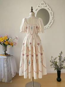 SHEIN MOD Square Neck Puff Sleeve Ruched Waistline 3-Tier Splice Sunflare Skirt Dress, Convertible Short And Long Style, Elegant Apricot Dress,Country Outfits,Beach Vacation Wear,Tea Party ,Modest ,Prom ,Lavender Hawaiian Dress,Sun Dresses For Women,Bohemian Clothes