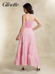 青少年（女孩）两件套服装，春夏休闲优雅，包括粉色无袖蝴蝶结吊带衫和粉色长裙