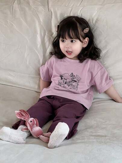 Dazy Kids مجموعة قميص T-شيرت بطباعة الكرتون وبنطلون كاجوال أحادي اللون 2 قطعة للأطفال الصغار ، بيجامات رمضان