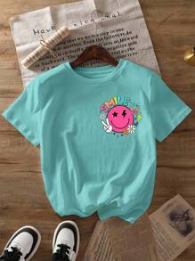 Plus Size Women Slogan & Smiling Face Print Short Sleeve Casual Round Neck T-Shirt, Summer