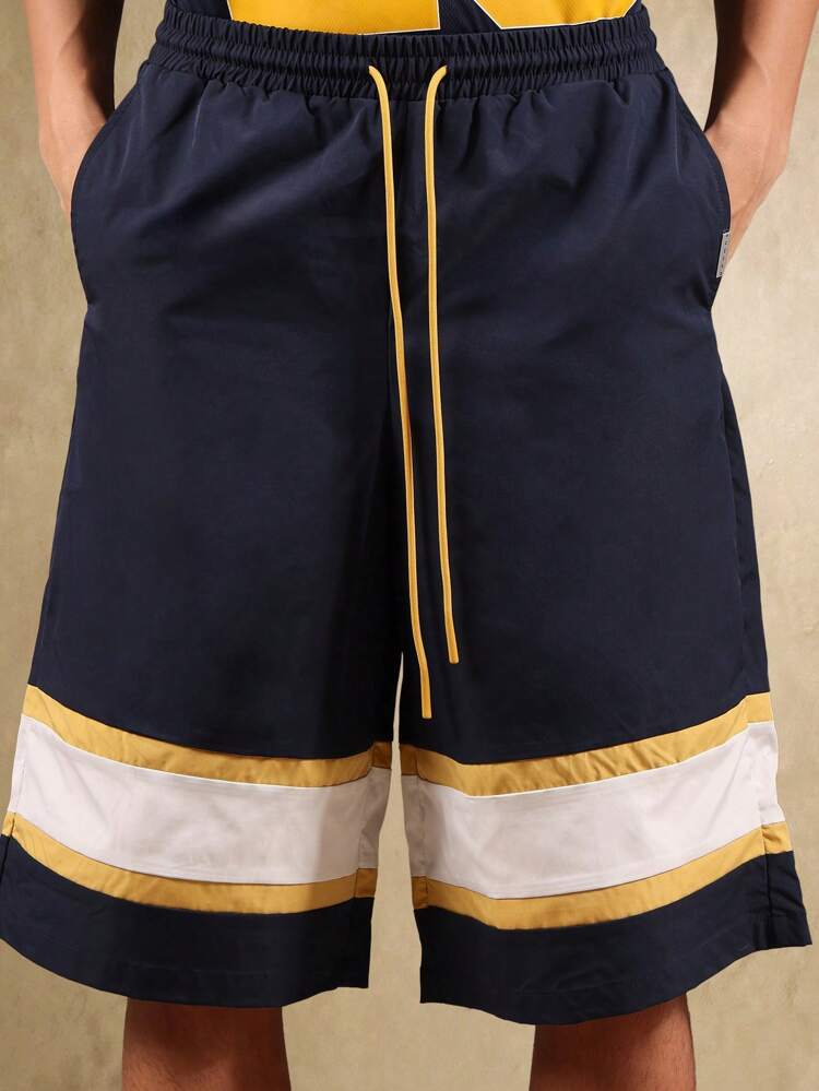 Premium Retro Basketball Style Athletic Shorts With Color Block Design Drawstring Waist