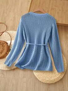Rusticease Suéter casual de mujer con cuello de ojo de cerradura, manga larga, hueco, para otoño e invierno - Gris - Ver 2