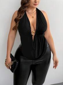 Firerie Top de tirantes sexy y elegante con cuello drapeado, detalle metalizado y plisado para mujer talla grande - Negro - Ver 4