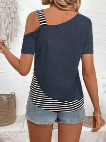 EMERY ROSE Patchwork Striped Asymmetrical Collar Casual T-Shirt Graphic Tees Women Tops