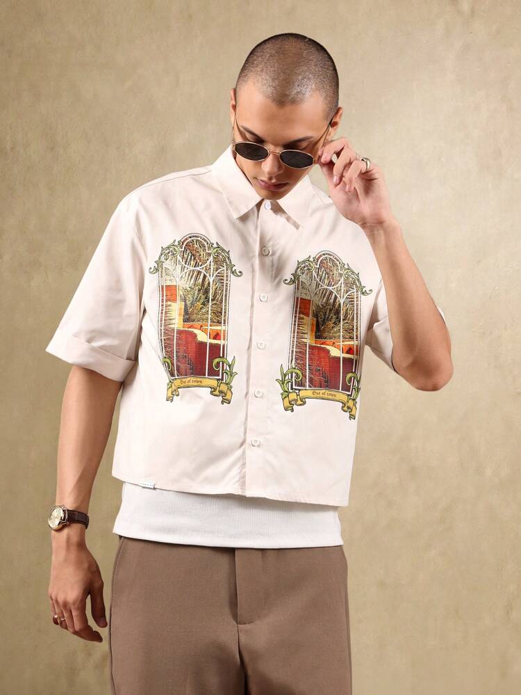 Window Frame Printed Artsy Casual Sophisticated Button Down Short Sleeve Shirts