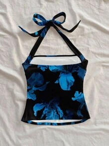 Modelyn Blue Floral Print Sleeveless Tie Neck Women Knit Textured Fitted Tank Top, Suitable For Summer