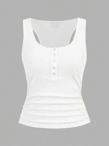 Slaydiva All White,Summer,Casual,Everyday 2025 New Versatile Slim Round Neck Half Button Ruched Side Ribbed Tank Top,For Music Festival,Yoga & Sports Party - White - View 3
