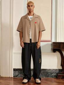 Manfinity VCAY Men's Summer Heart Embroidery Single-Breasted Casual Shirt